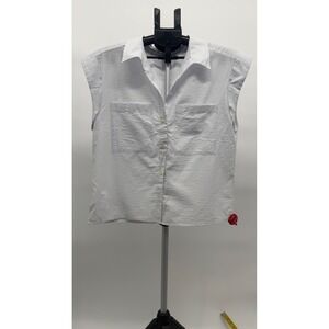 FRAME The Seersucker Leisure Shirt Light Chambray Blue White Stripe Cap Sleeves